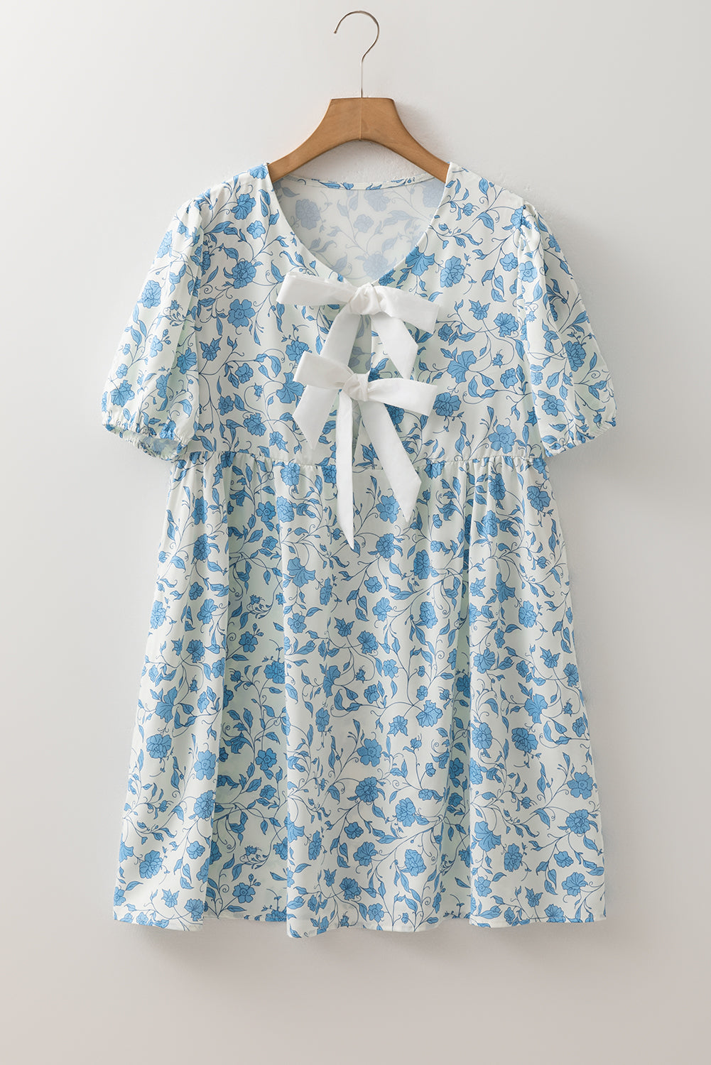 Sky Blue Leopard Contrast Bow Puff Sleeve Mini Dress