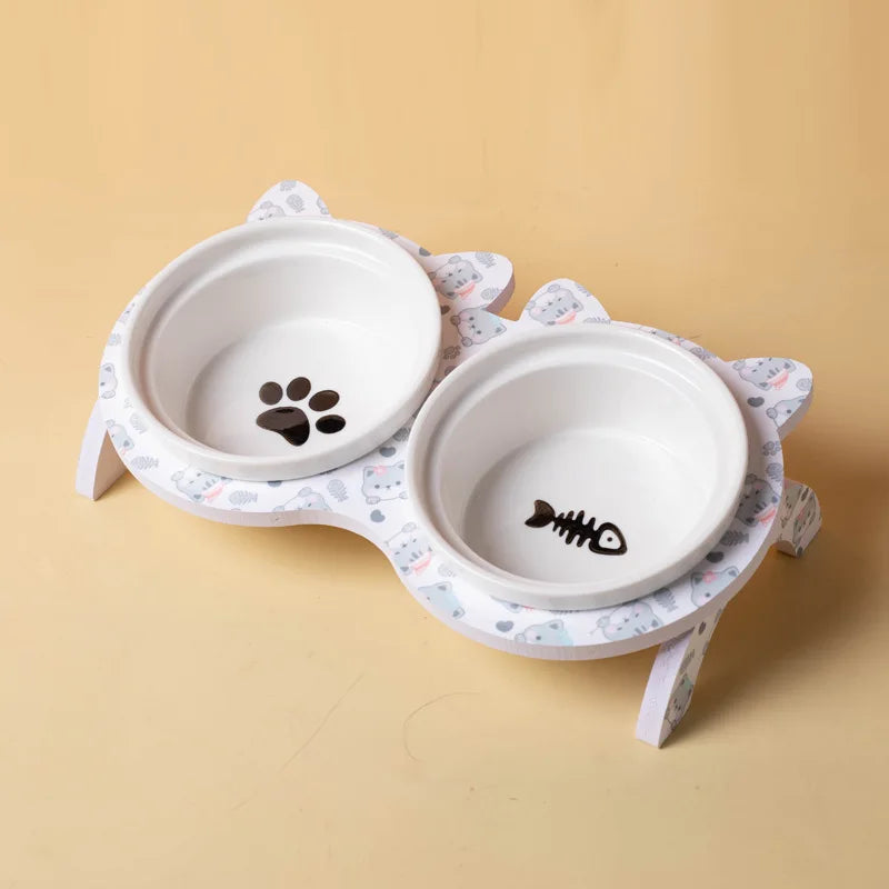 3pcs/set (1pc rack + 2pcs bowl) Non-Slip Ceramic Double Pet Food Bowl for Cats and Dogs - Prevents Spills and Slips