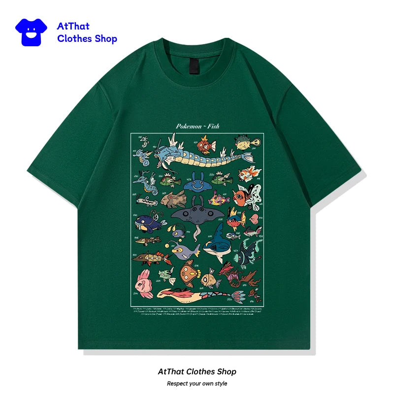 pokemon Fish Guide clothing, Japanese-style retro pure cotton loose summer short-sleeved T-shirt