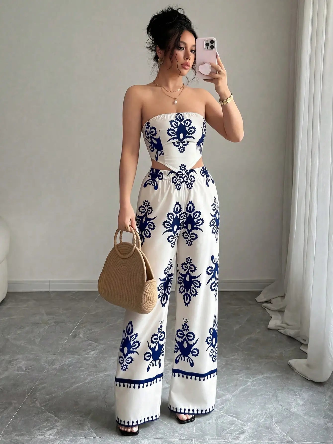 2pcs Set Halter Tie Bow Crop Top And Wide Leg Printed Pants For Women