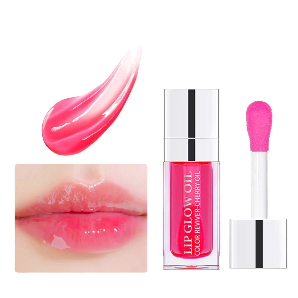 Lip gloss product with pink color swatch, applicator, and close-up of lips wearing the gloss.