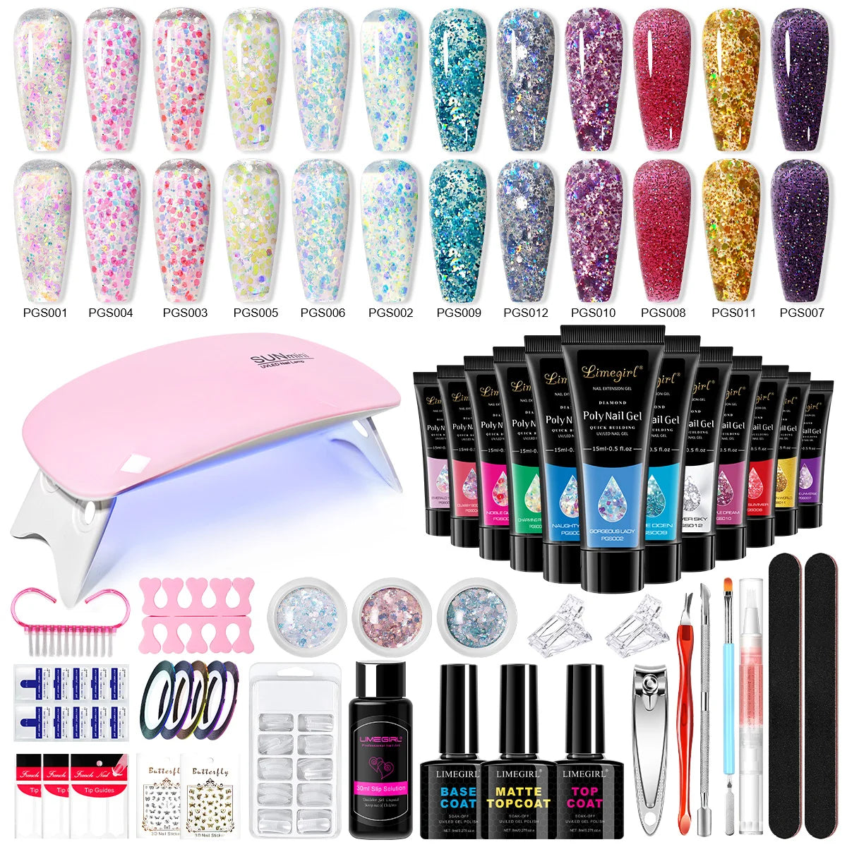 LIMEGIRL 15ML Nail Extension Gel Kit UV Gel Soaking Primer Pen Washing Water Glitter Manicure Mini LED Lamp Nail Gel Kit