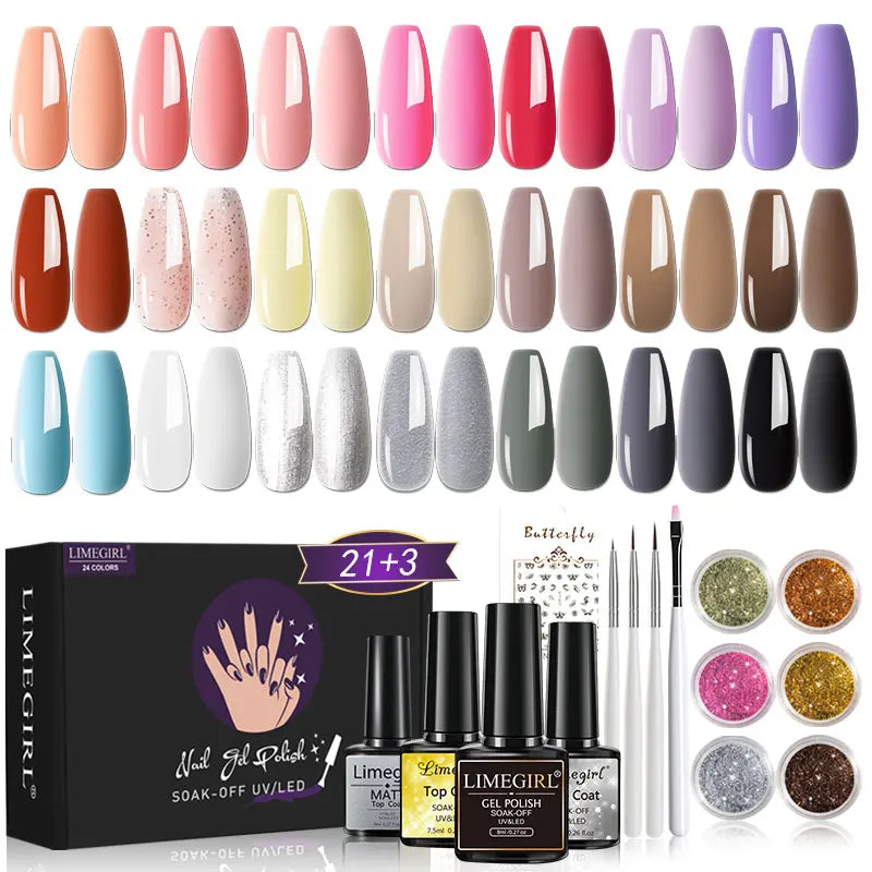 LIMEGIRL 24PCS Gel Nail Polish kit with Nail Art Diamond Powder UV Soak Base Coat Gel for Nail Art DIY Design Gel Varnish Kit