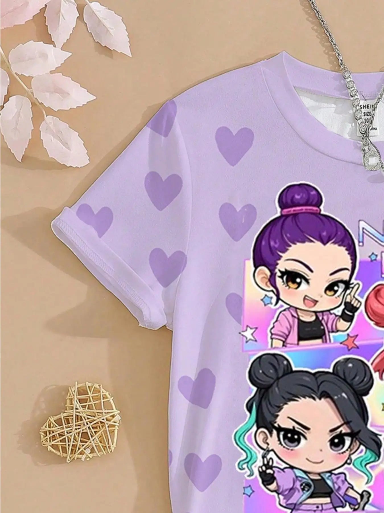 Girls' Nova Beat "Heart Pattern" Graphic Tee: Purple Chibi Idol Summer T-Shirt