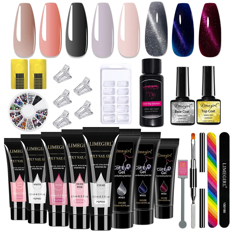 LIMEGIRL 15ml Nail Art Kit Poly Nail Gel Extending Set Cat Eye Extension Gel Nail Art Acrylic Gel Varnish Kit for Novice Beginne