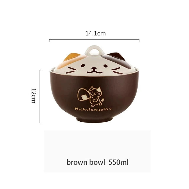 Cartoon Cat Ceramic Noodle Bowl with Lid 🐱🍜