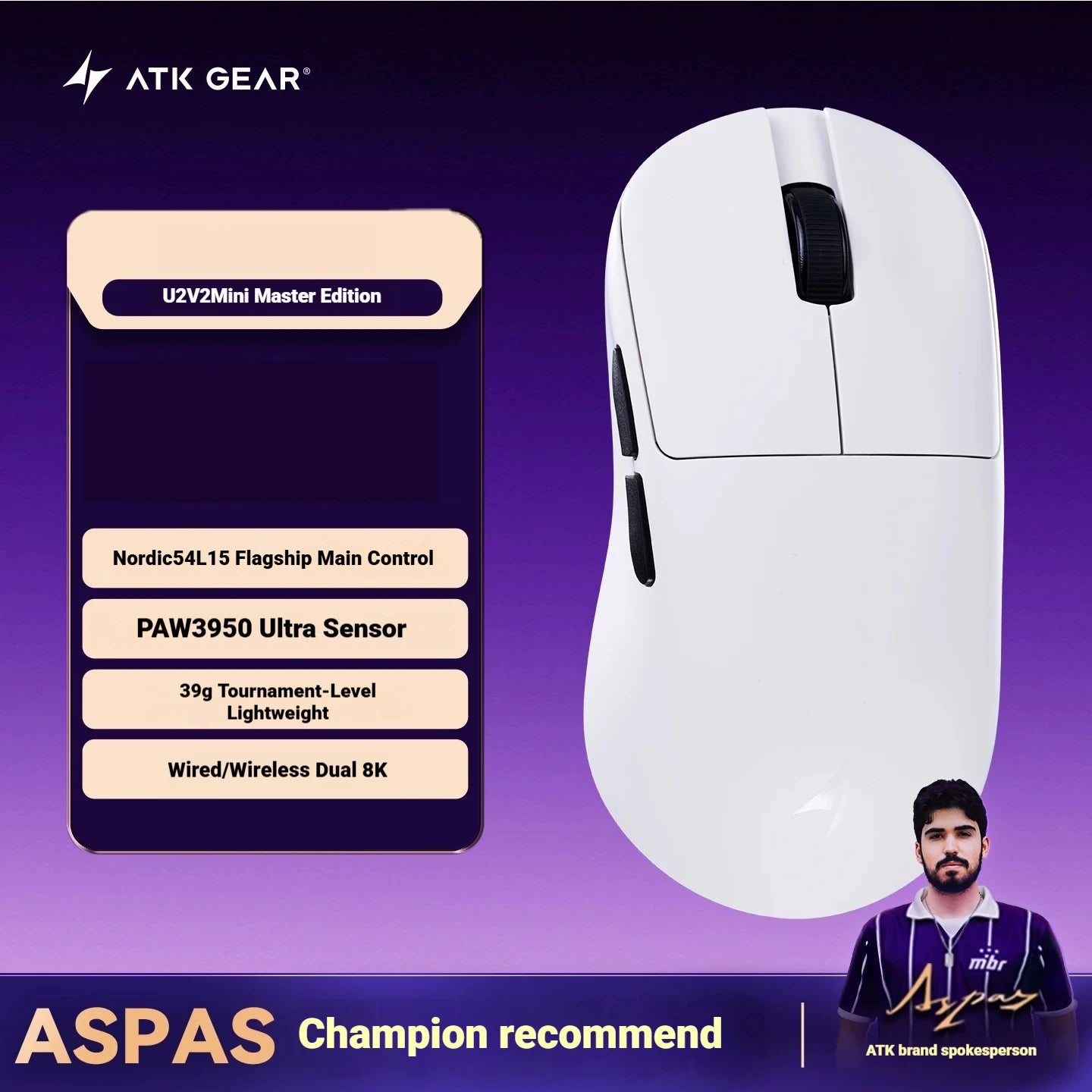 NEW ATK U2/V2 PAW3950 8K Wireless Gaming Mouse 3mode Double 39g Lightweight E-Sport Mouse Custom Accessory Computer Office Work