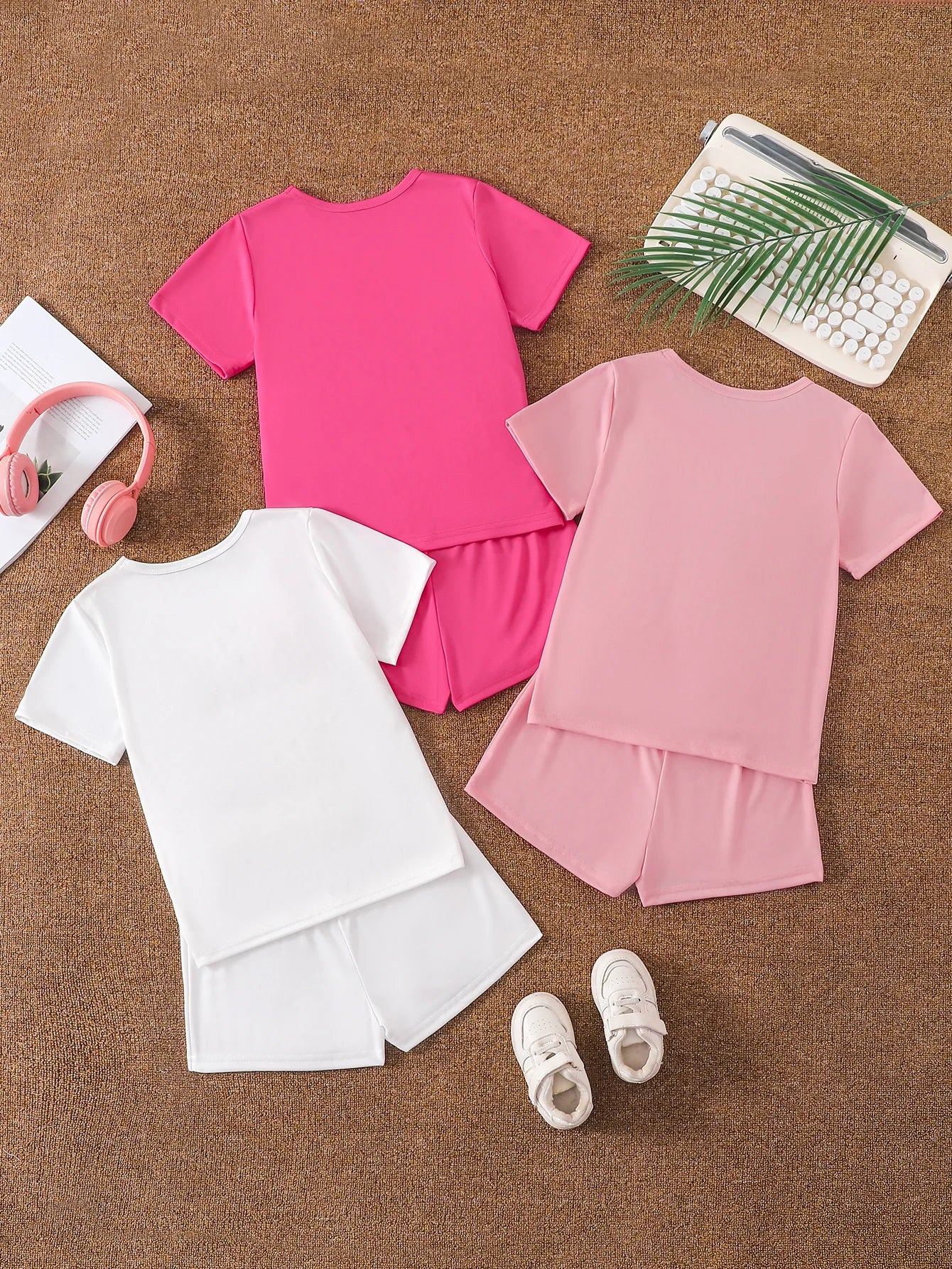 Girls' Essential 3-Pack 2-Piece Outfits: Solid Color Tee & Shorts Summer Loungewear Set