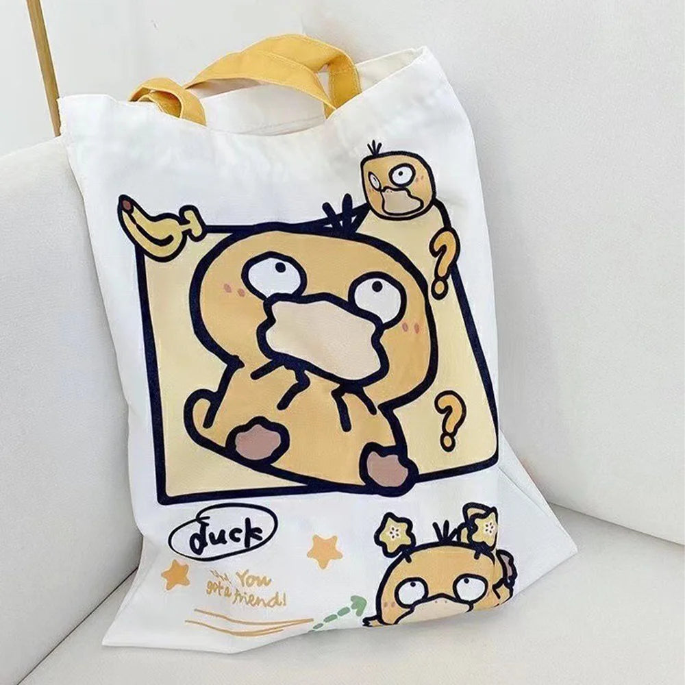 Pikachu Pokemon Canvas Tote Kawaii Psyduck Cute Autumn/Winter Daily Portable Handbag Shopping Grocery Reusable School Gifts 