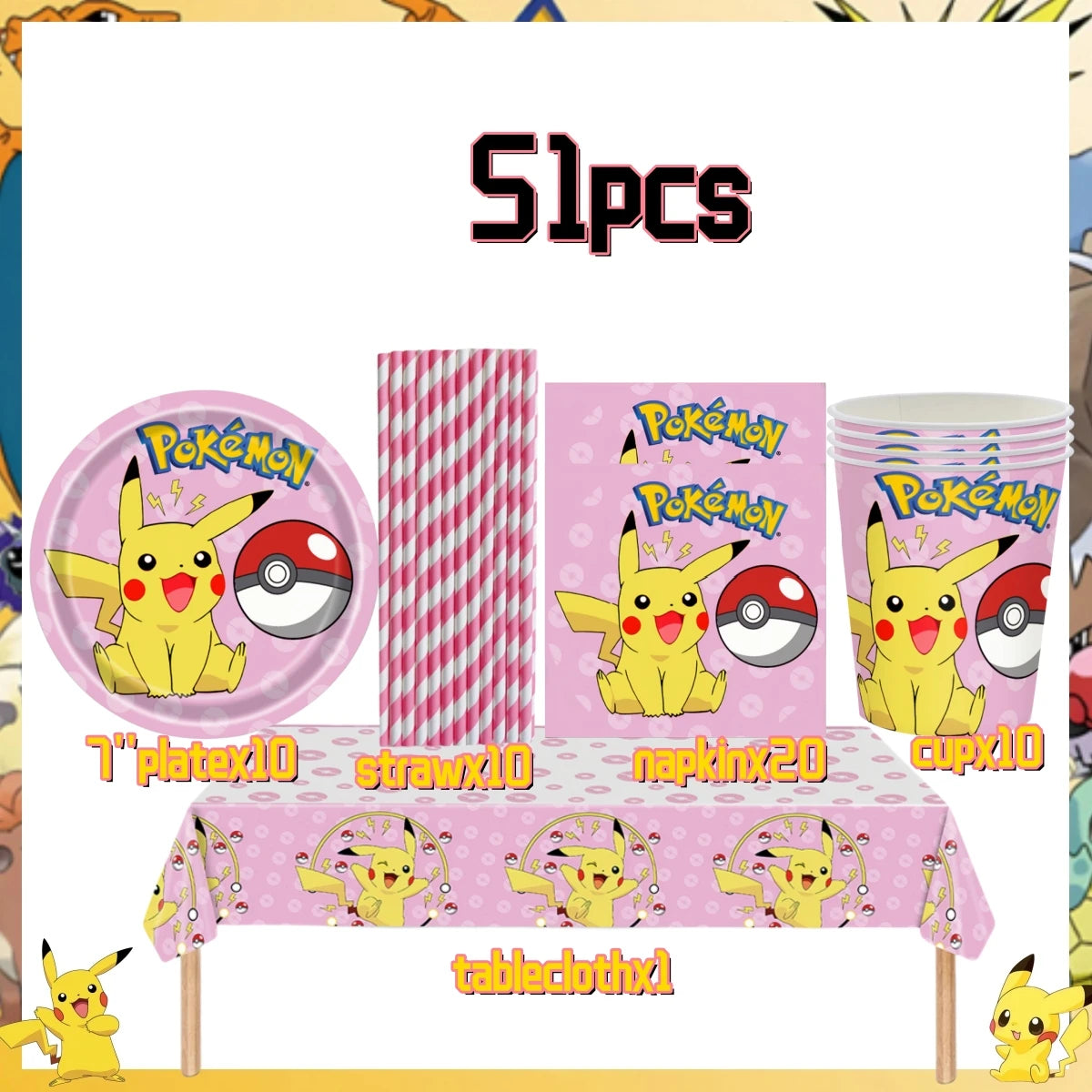 Pink Pokemon Birthday Party Decoration Disposable Tableware Set Pikachu Tablecloth Cup Plate Baby Shower Kids Diy Party Supplies