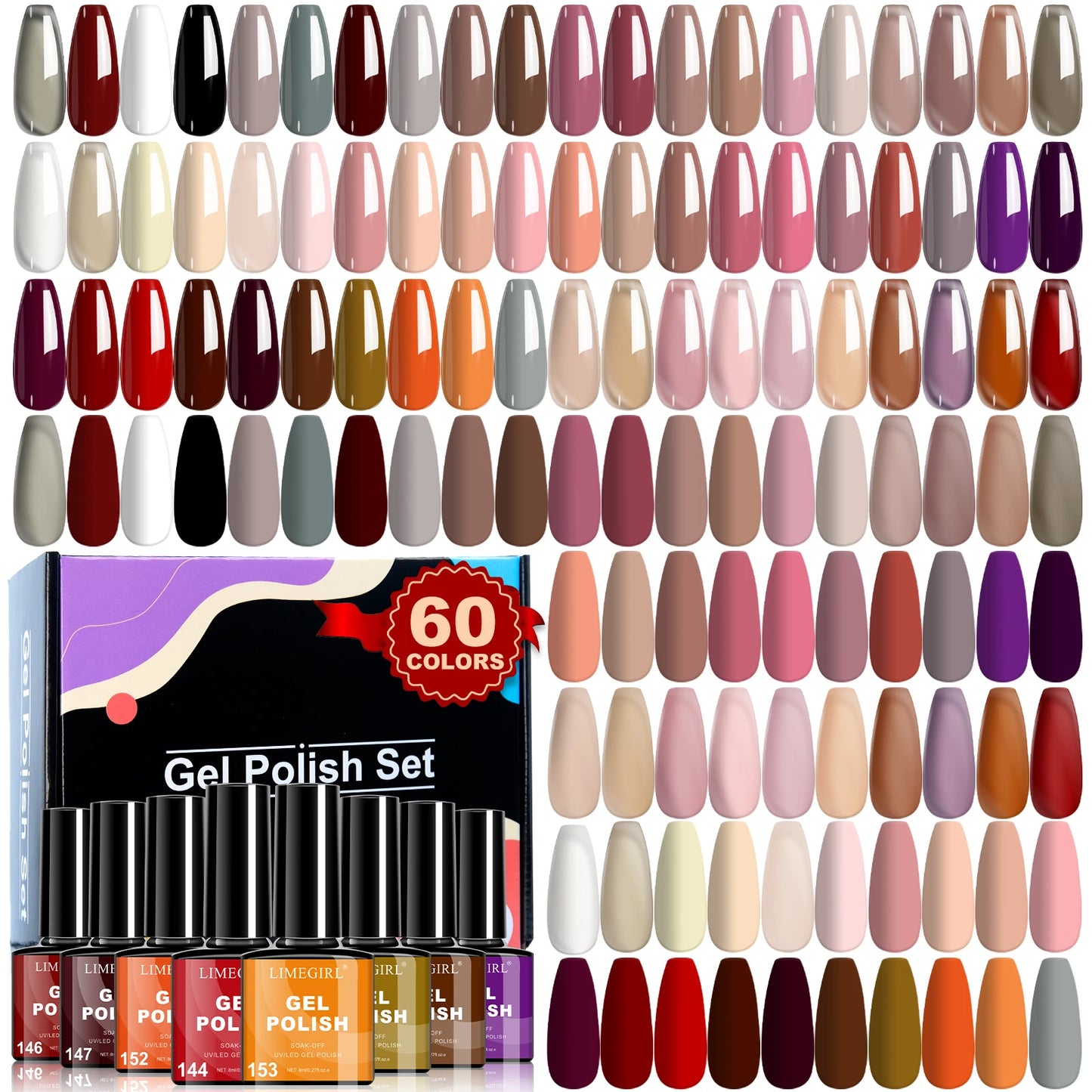 LIMEGIRL 60PCS Gel Nail Polish Art Kit Glitter 8ML Soak UV Semi-Permanent Gel Varn Nail Polish Suitable for Beginners Nail Set