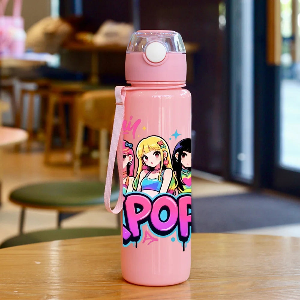 Kids' K-Pop "Idol Dreams" Portable Water Bottle: 3D Printed Leak-Proof Bottle with Lanyard