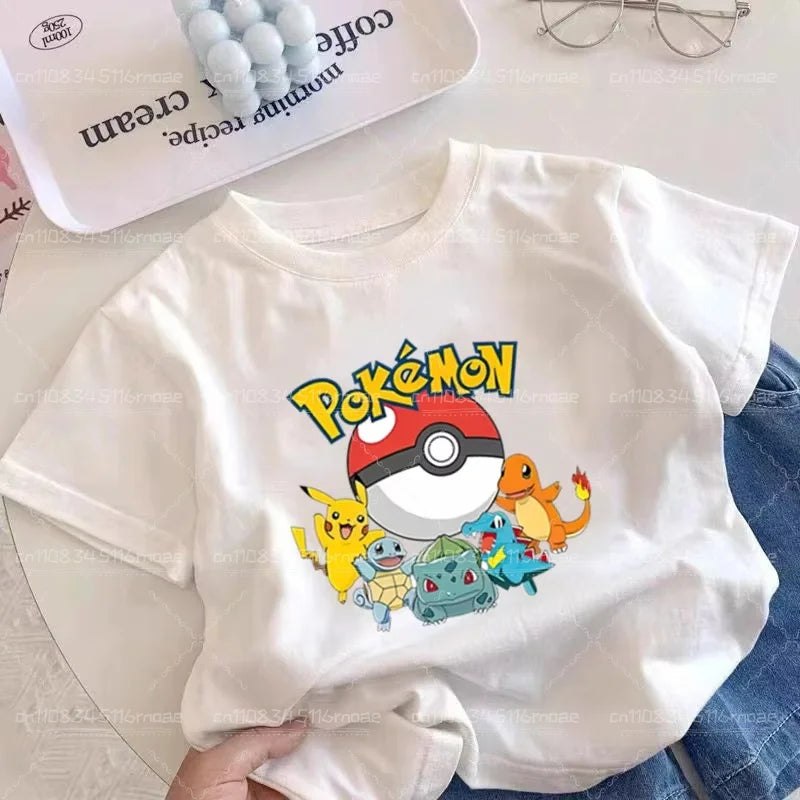 Pok é Mon Children's/Adult Clothing Pikachu Cotton T-shirt Boys and Girls Cartoon Anime T-shirt Cute Printed Clothing Gift