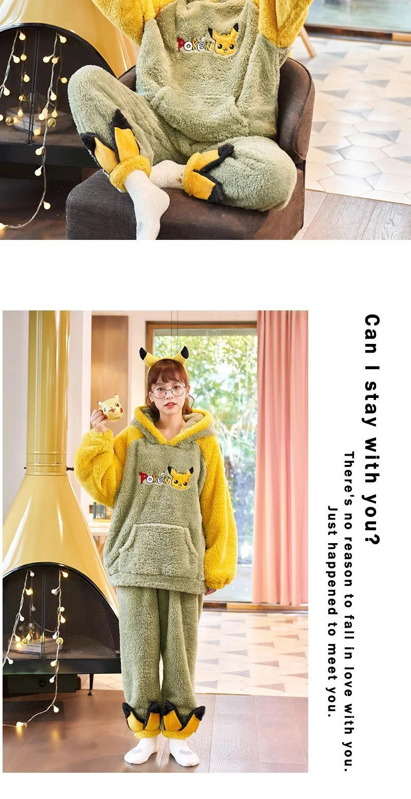 Pokemon Anime Pikachu Pajamas Hooded Women Cartoon Thickened Winter Plush Kawaii Nightgown Suit Two Home Clothing Christmas Gift