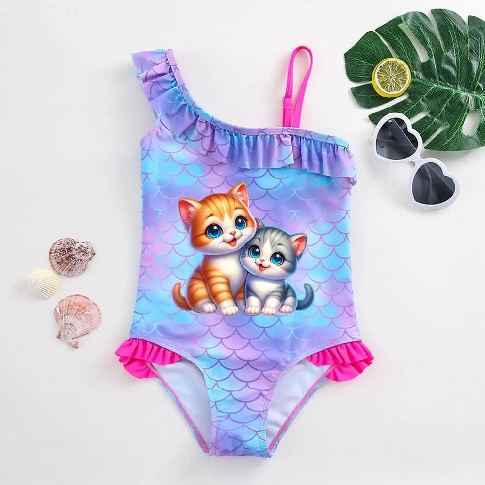 Girls' "Mermaid Heart" One-Piece Swimsuit: Colorful Scale Pattern with Asymmetric Ruffles