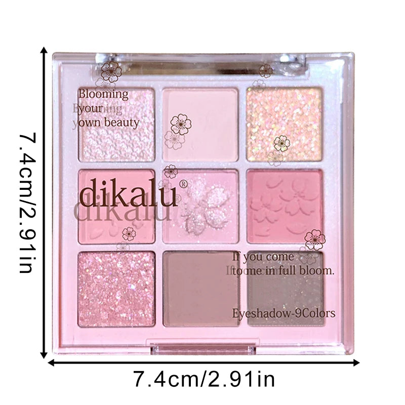 DIKALU 9-Color Sakura Eyeshadow Palette Glitter Matte Low Saturation Pink Brown Nude Makeup Shimmer Eye Pigments Long Lasting