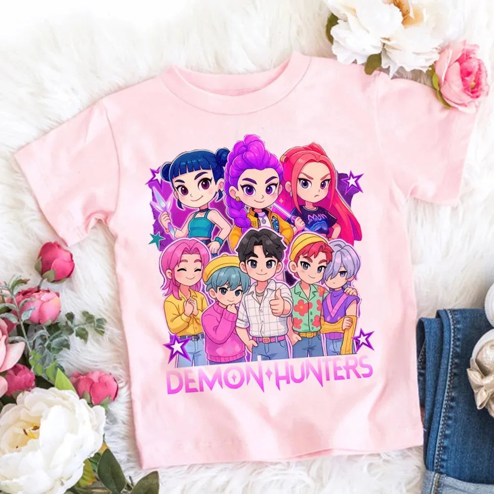2026 Summer Kpop Demon Hunters T Shirt Kids Cartoon Anime Meme Print Clothes Round Neck Basic Boys Tops Casual Shirts Gift