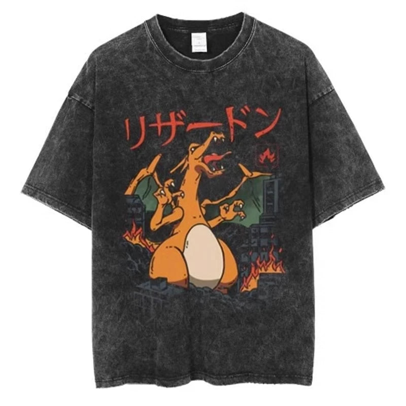 Pokemon Anime Retro Washed T-shirt Cotton Men's and Women's Summer New Item Plus Size T-shirt Y2K Loose Casual Short Sleeved Top