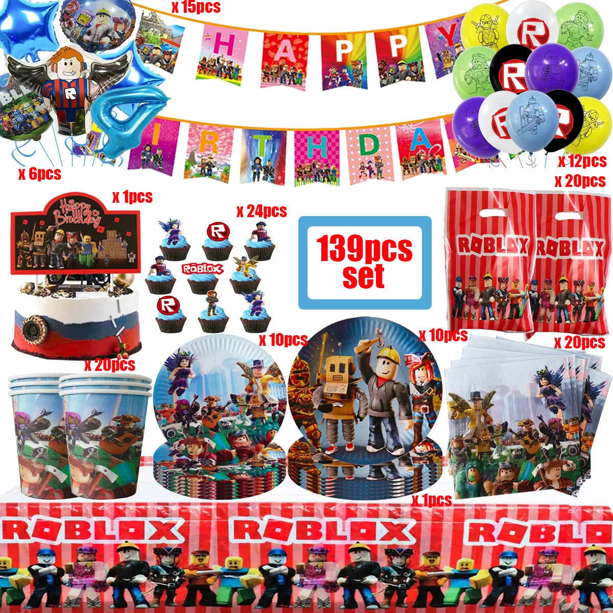139PCS Roblox Birthday Decoration Party Kit Disposable Tableware Set Roblox Game Tablecloth Balloon Gift Bag Kids Party Supplies