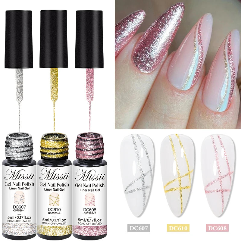 2/3/4/6pcs Platinum Glitter Liner Gel Nail Polish Set Gold Silver Sparkle Pull Line Gel Graffiti Painting Stripe DIY French Nail