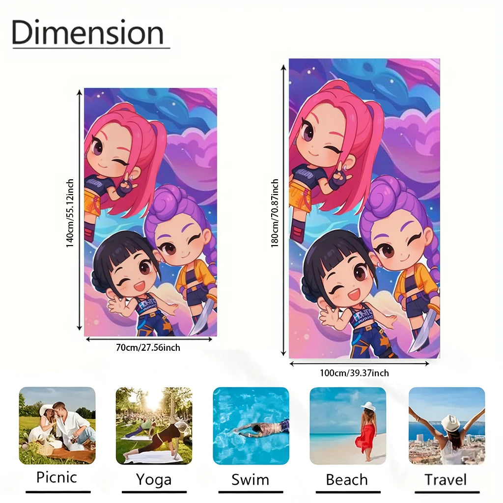 1pc Cute Chibi Girls Beach Towel Pink Purple Cartoon Quick Dry Microfiber Bath Towel for Swimming Surfing Camping Unisex Holiday