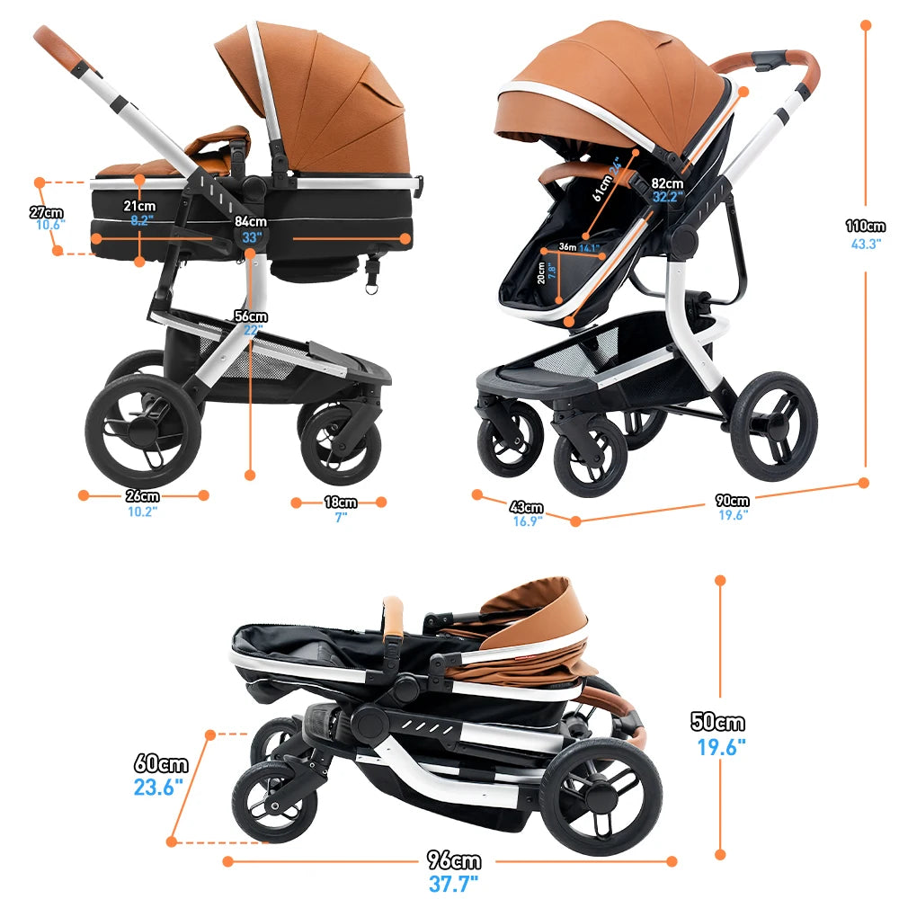 Baby Stroller High-Land scape Baby Carriage Adjust Position for Infant Toddler Portable Folding Pram Reversibale Stroller 2in1