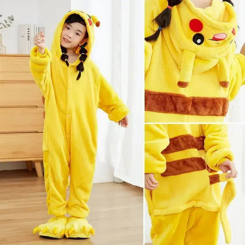 Pokemon Pikachu Warm Flannel Homewear Kids Autumn&Winter Soft Onesie Cosplay Animal Hoodie Pajamas Parent-Child Girls Sleepwear