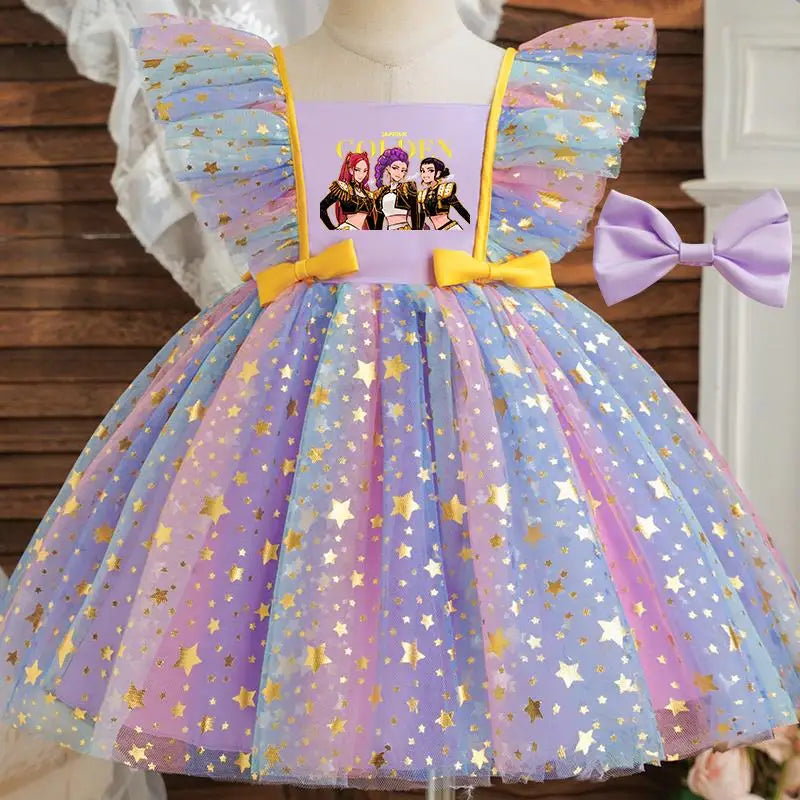 Girls' K-Pop "Starry Gala" Tutu Dress: Rainbow Tulle Gown with Gold Sequins & Ruffle Sleeves