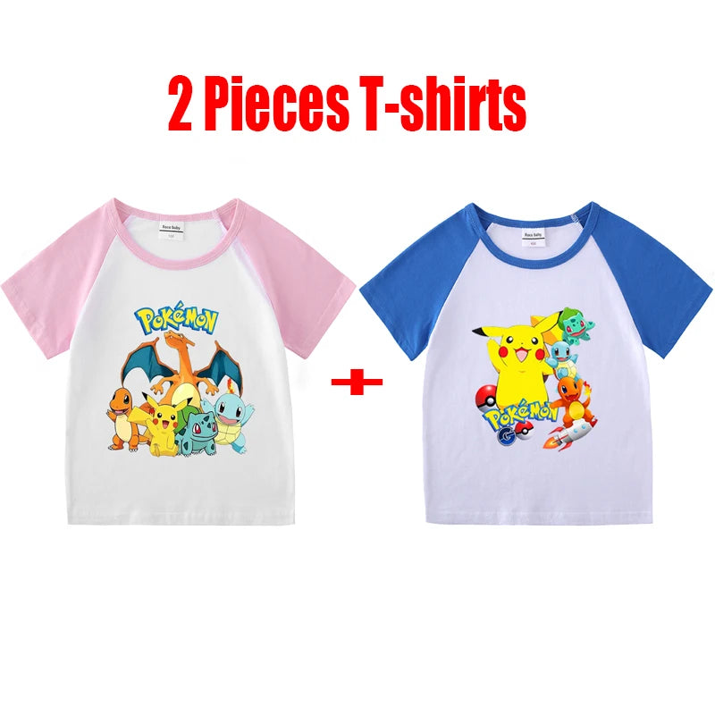1/2 Pieces Pokemon Cartoon Tees For Boys Clothing Summer Children 100% cotton Short Sleeve T-shirts Printed T-shirt for girls