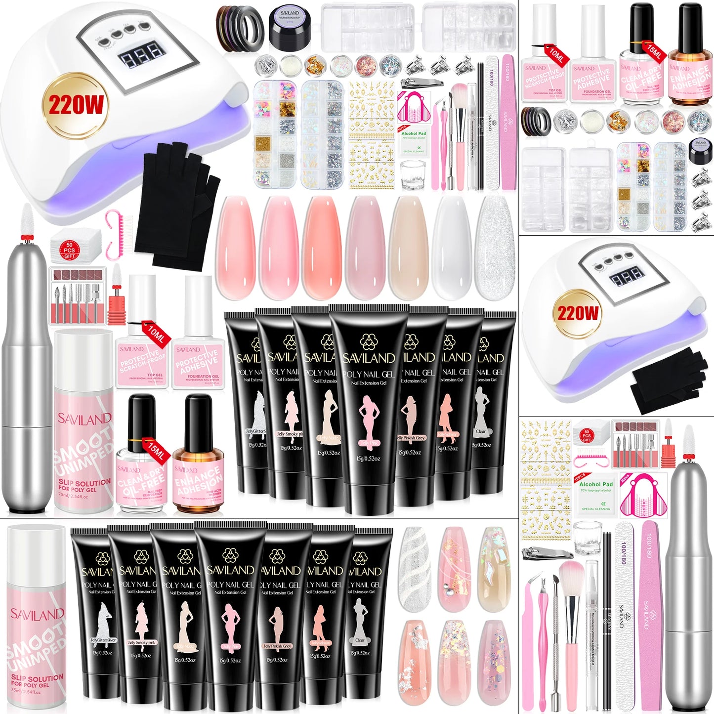Saviland 7 Colors All In One Poly Gel Kit with UV Light Nail Drill Slip Solution for Nail Extension Home Salon DIY