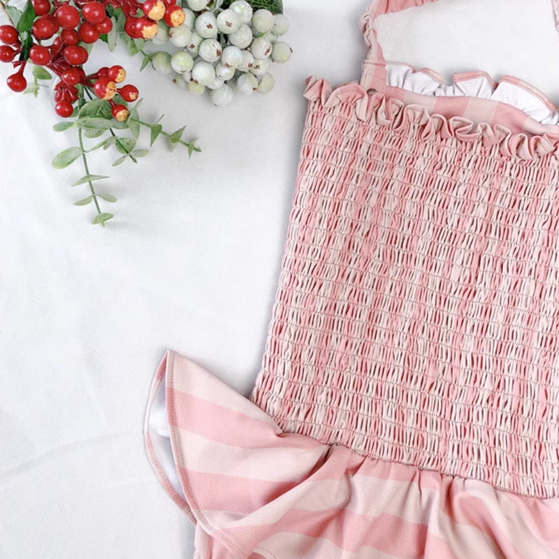 New Summer Kids Girl One Pieces Swimwear Sling Sleeveless Pink Striped Swimsuit Halter Swimming Suit Children Bikini H6852