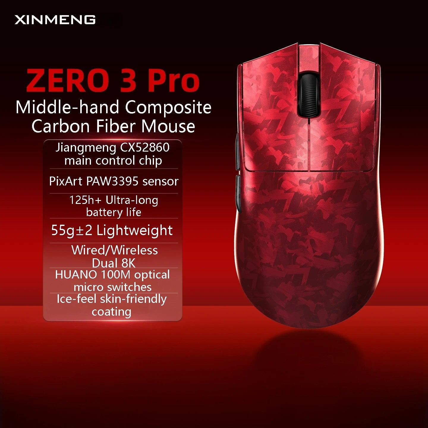XINMENG ZERO 3 Gaming Mouse PAW3311/PAW3395/PAW3950 E-sport Sensor 1K/8K Polling Rate Carbon Fiber Case 500mAh Battery Wireless