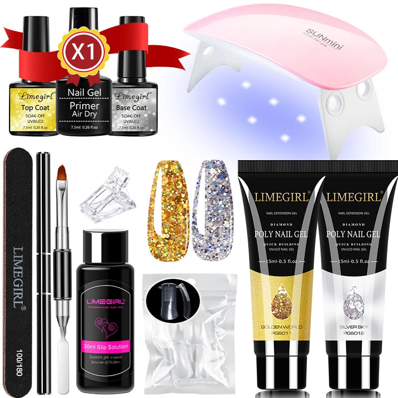 LIMEGIRL 15ml Nail Extension Gel Set with UV LED Light Nail Thickening Sequin Glitter Gel Set Vernis Semi-Permanent Manicure Kit
