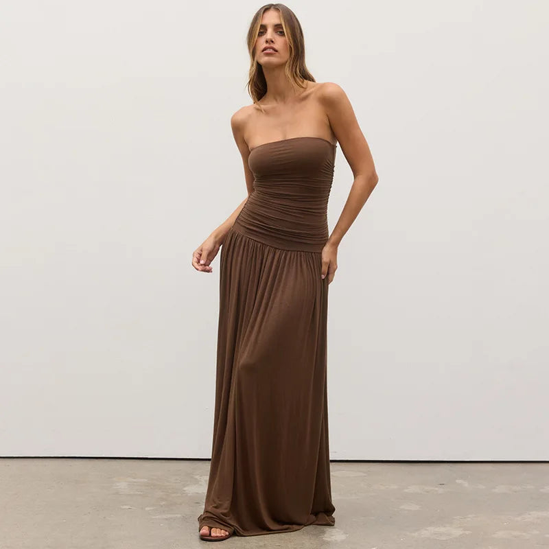 2026 Summer Fashion Solid Color Strapless Strapless Sleeveless Lady Long Dress New Elegant Sexy Slimming Pleated Women's Dresses