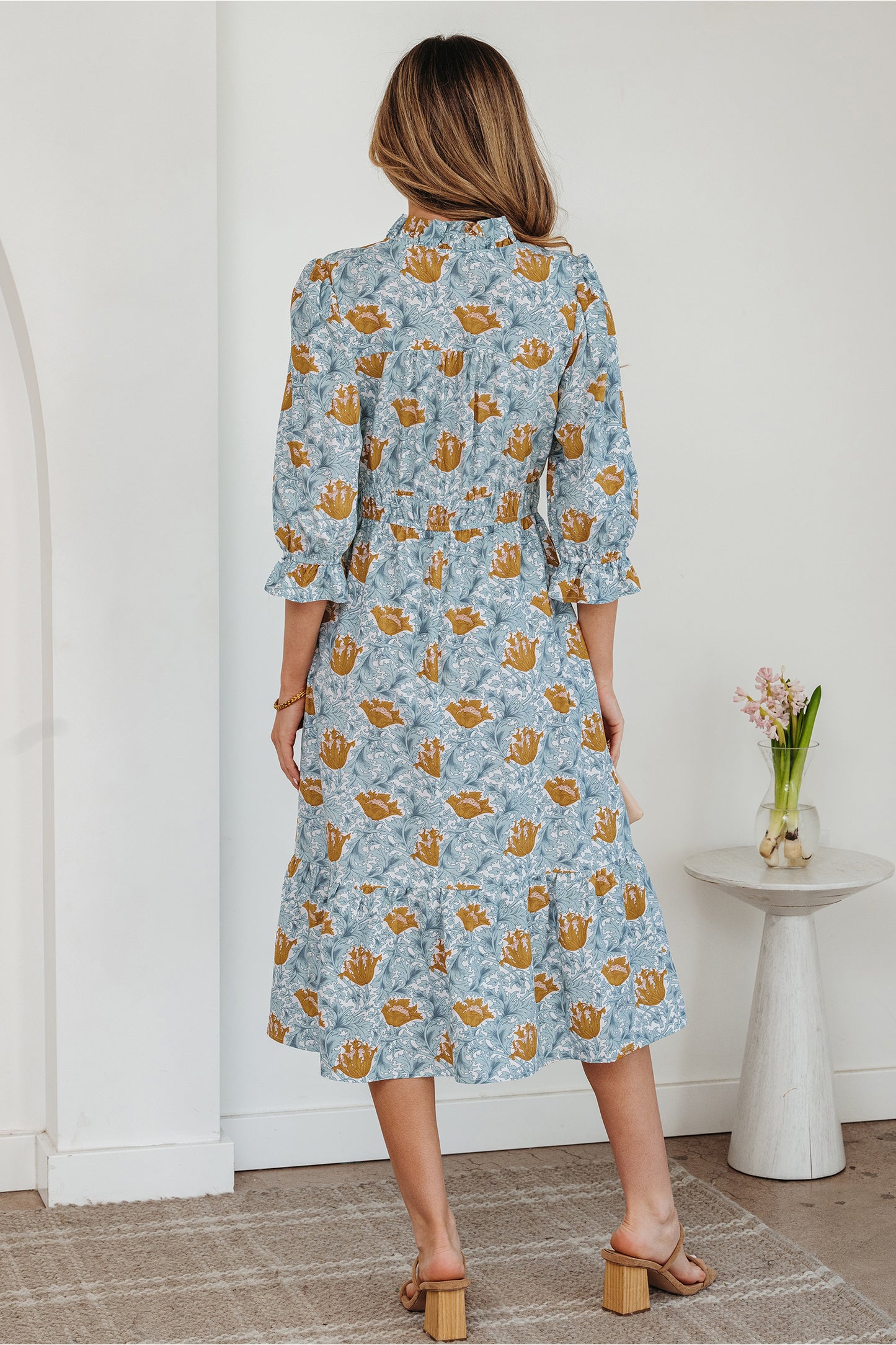 Sky Blue Floral Printed Frilled V Neck Bracelet Sleeve Long Dress