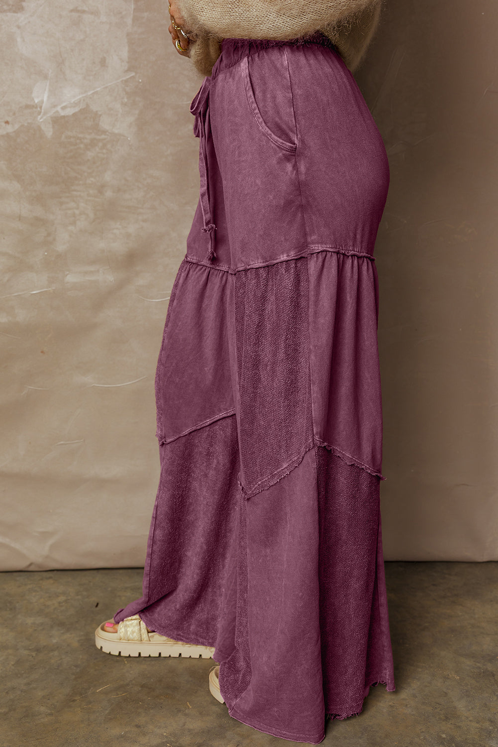 Black Mineral Wash Tiered Wide Leg Patchwork Drawstring Pants