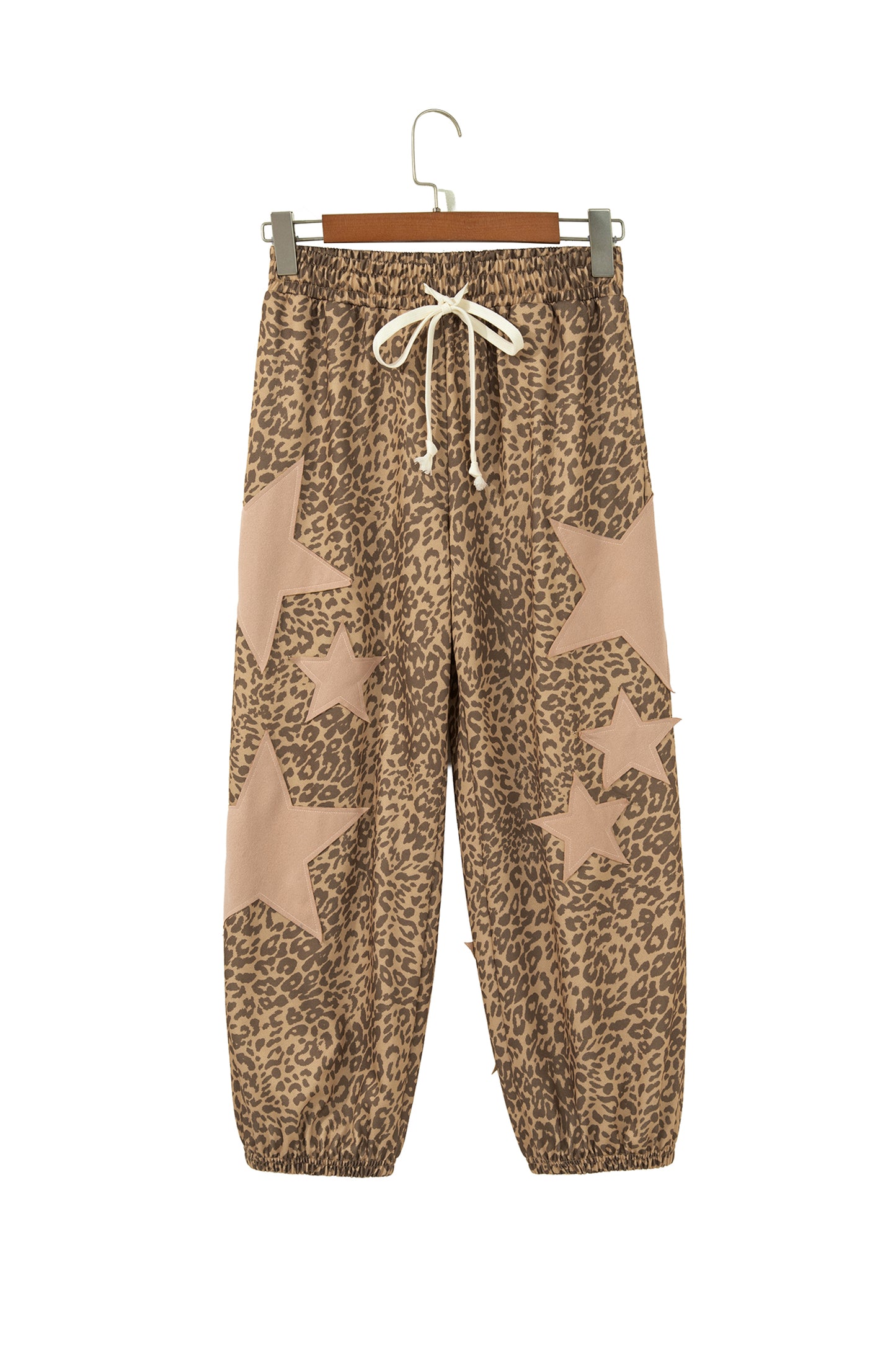 Khaki Leopard Print Star Patched Drawstring Elastic Waist Jogger Pants