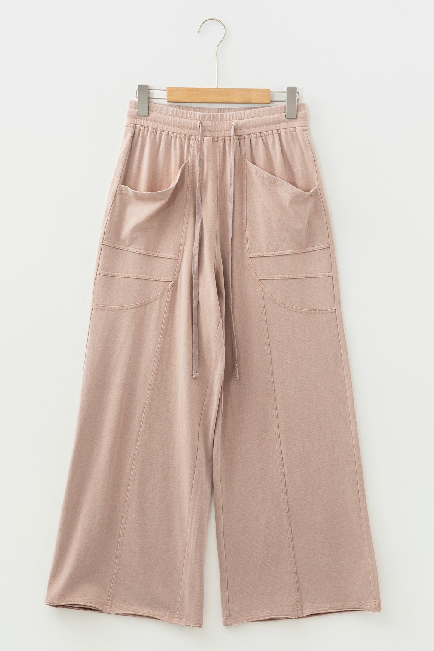 Smoke Gray Solid Color Mineral Wash Piping Trim Pocketed Wide Leg Pants
