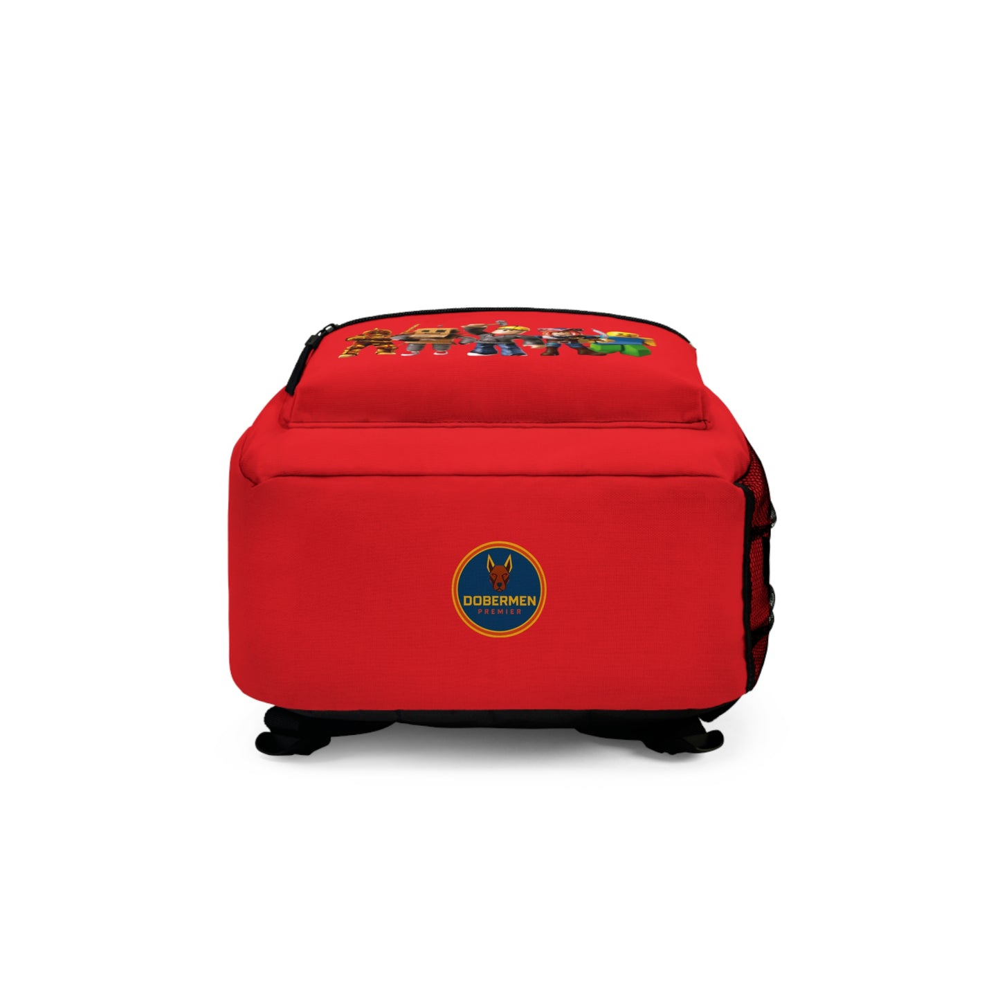 Bottom view of red Roblox backpack with Dobermen Premier logo at dobermenpremier.com