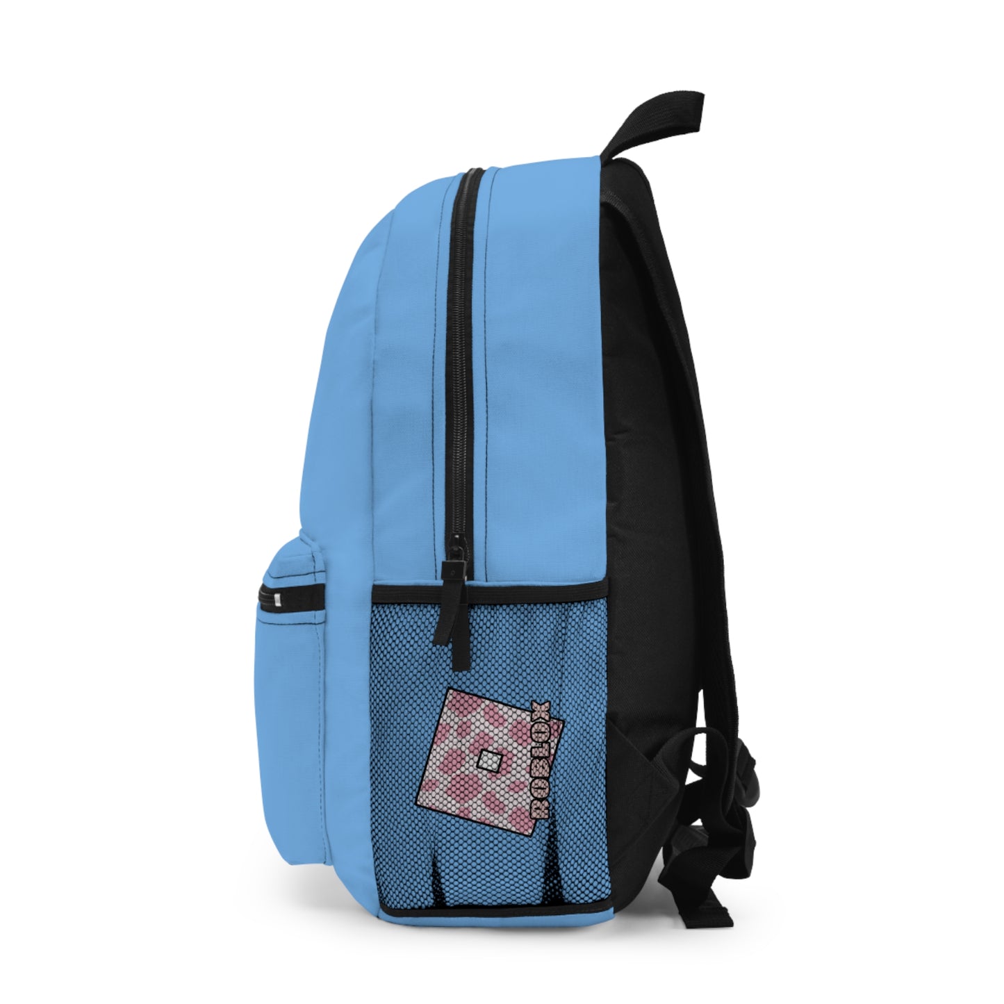 Side view of light blue Roblox girls school bag showing mesh pocket and logo at dobermenpremier.com