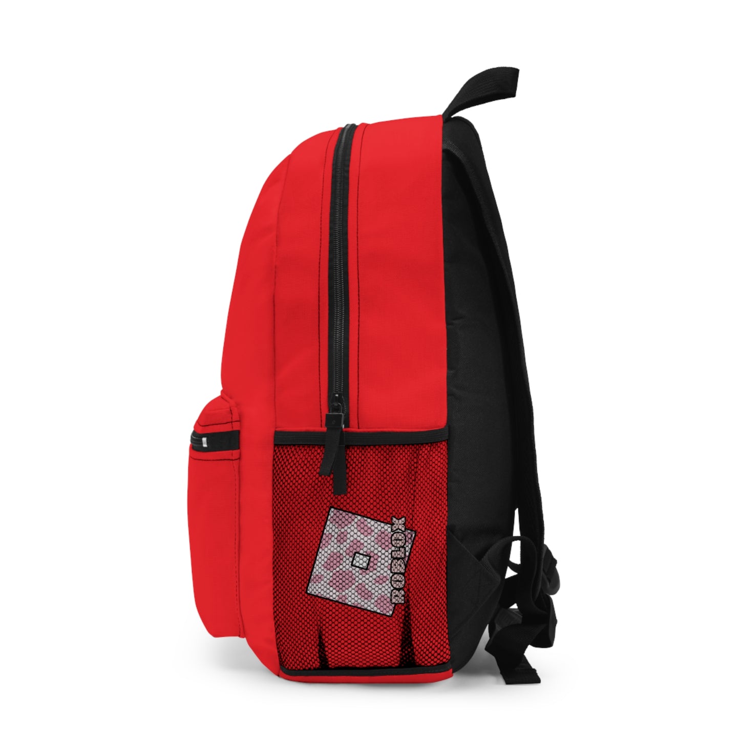 Side view of red Roblox girls school bag showing mesh pocket and logo at dobermenpremier.com