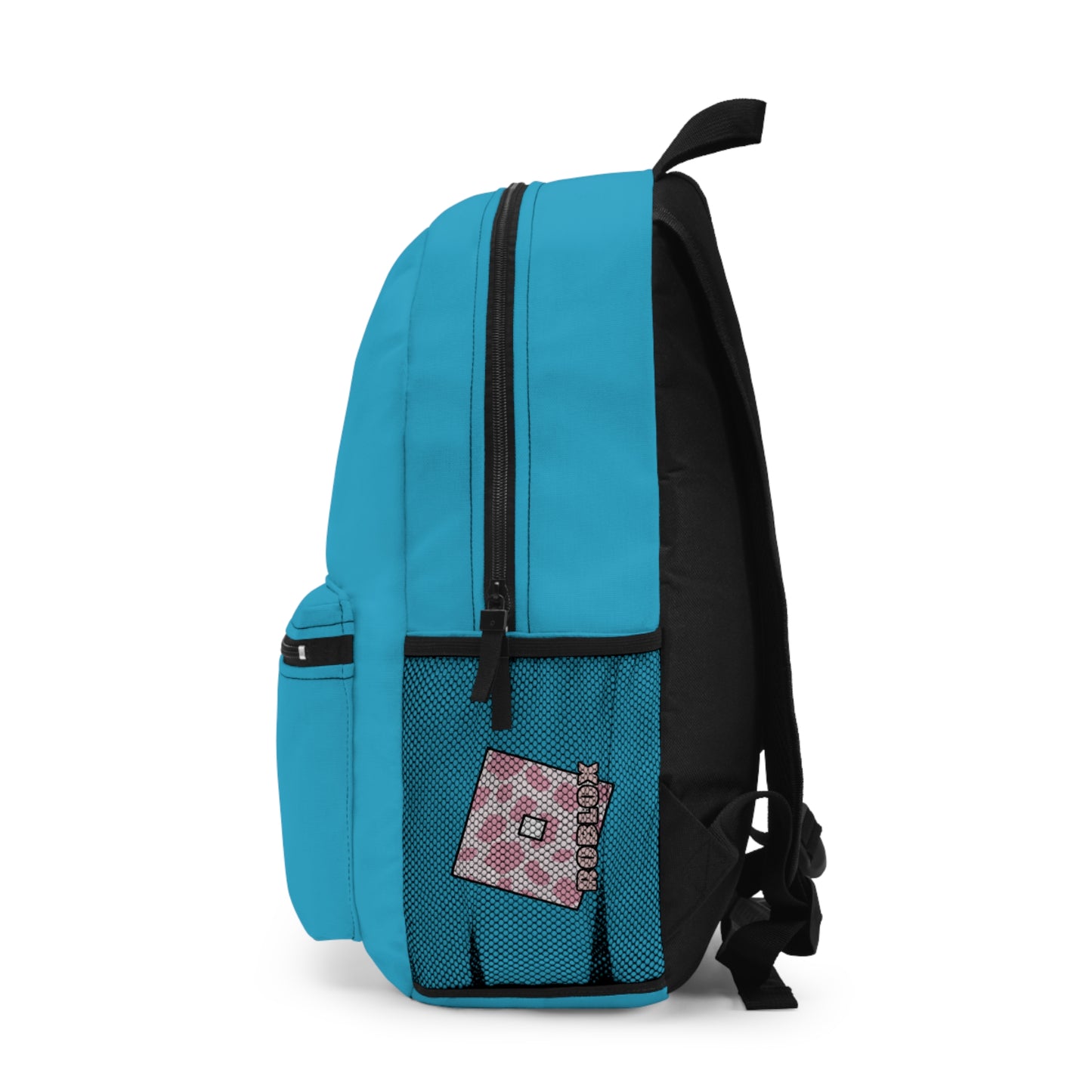 Side view of turquoise Roblox girls school bag showing mesh pocket and logo at dobermenpremier.com