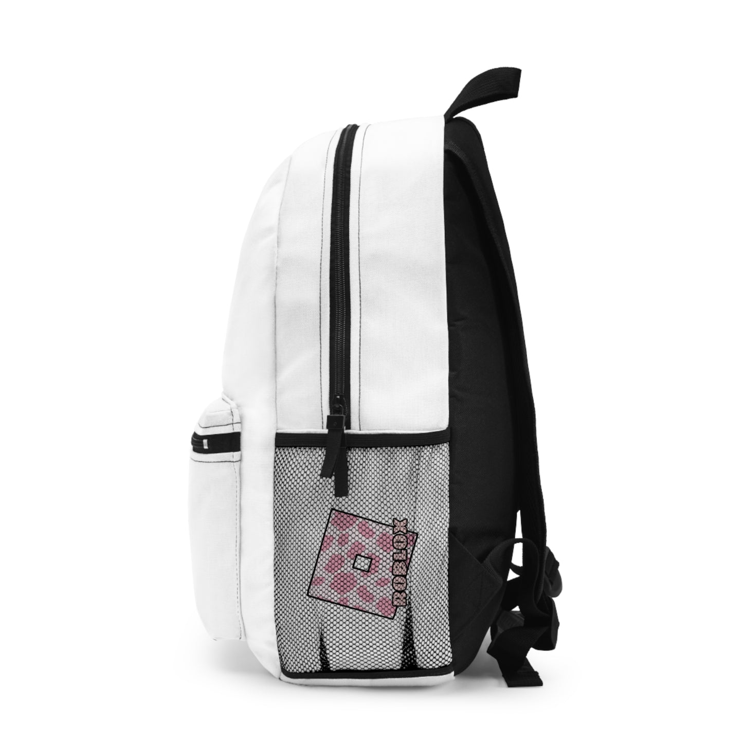 Side view of white Roblox girls school bag showing mesh pocket and logo at dobermenpremier.com