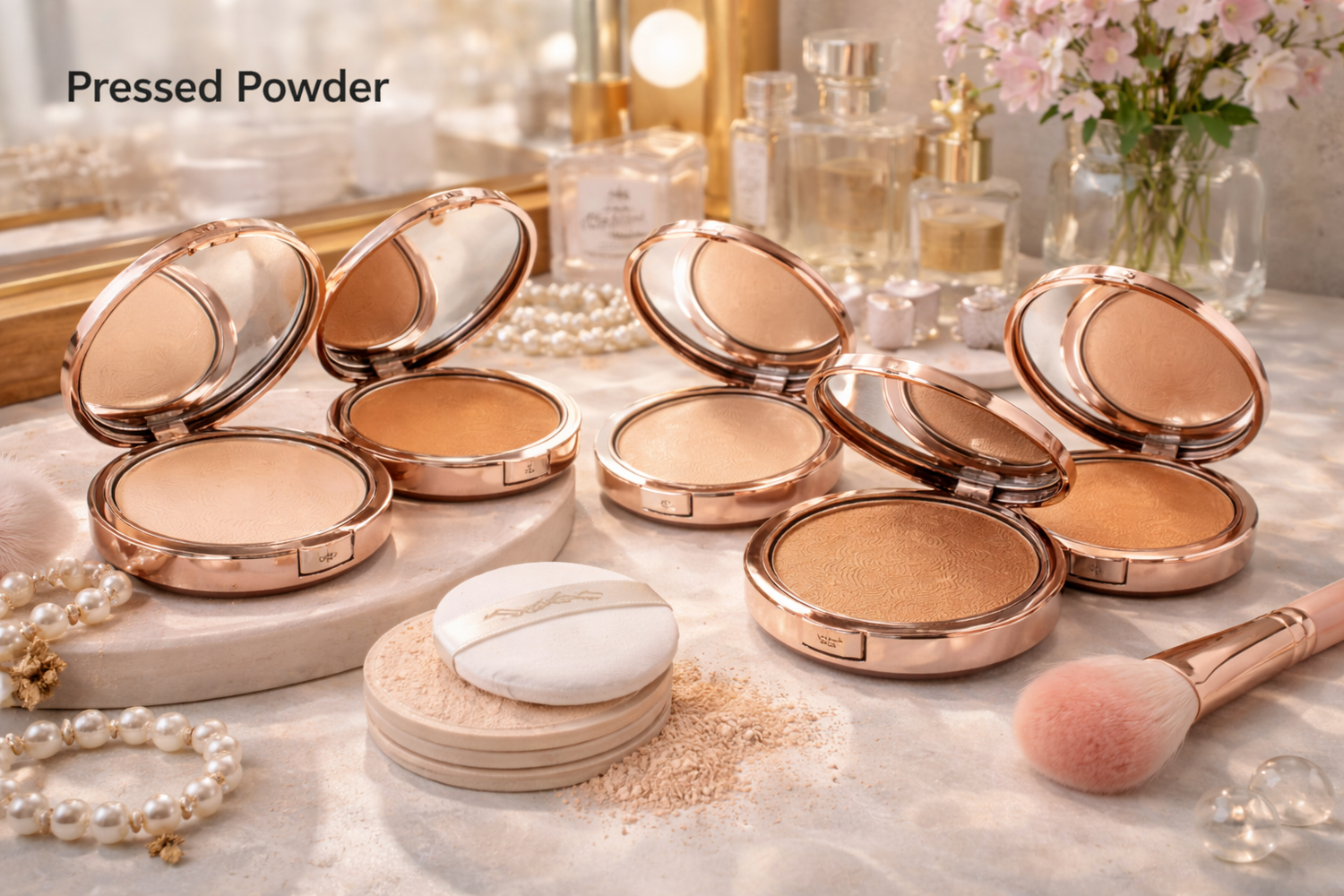 Selection of professional pressed powders in various skin tones with a smooth, mattifying finish at Dobermen Premier.