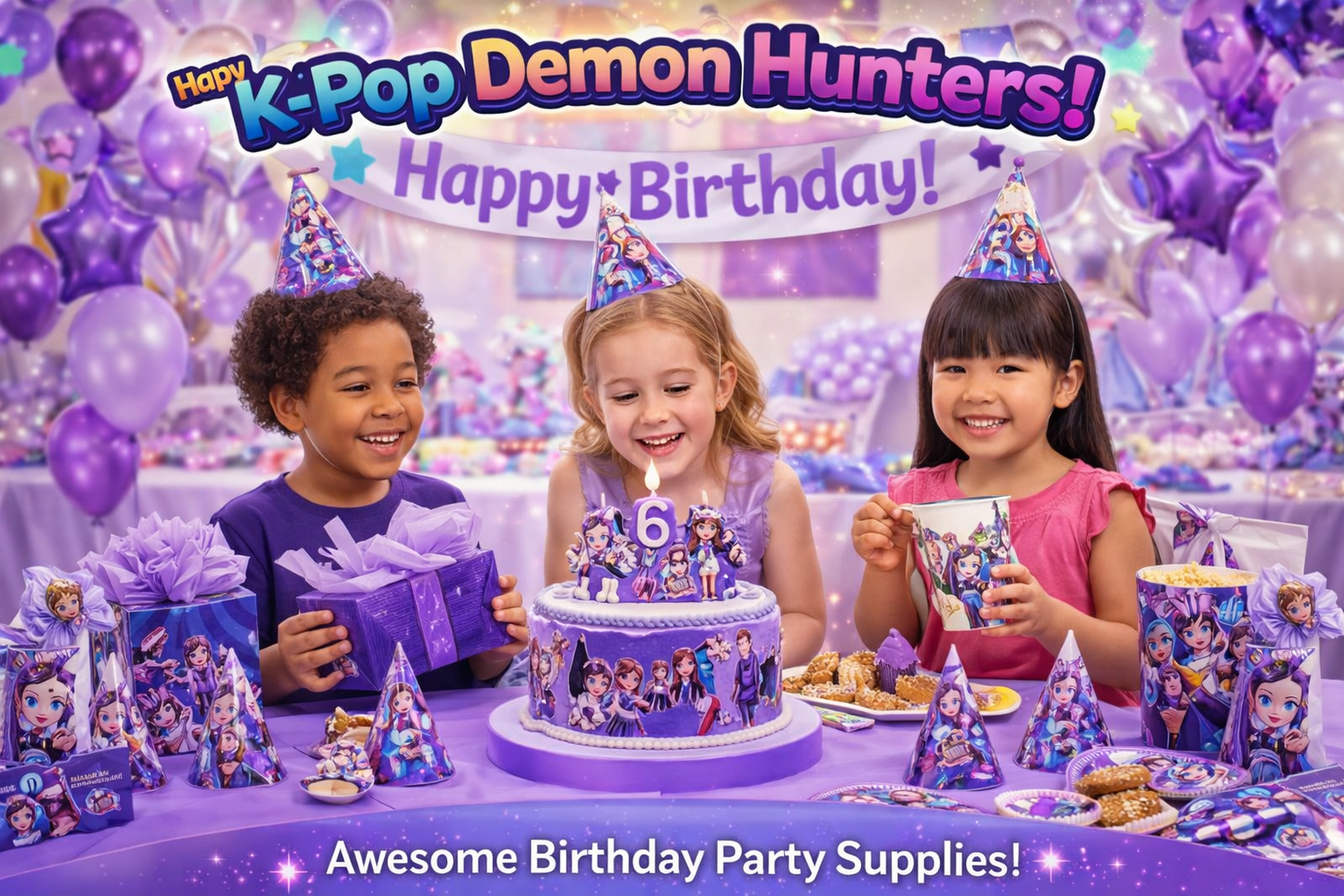 Complete Kpop party decoration kit including banners, balloons, and cake toppers featuring Rumi, Mira, and Zoey from K-Pop: Demon Hunters at Dobermen Premier.