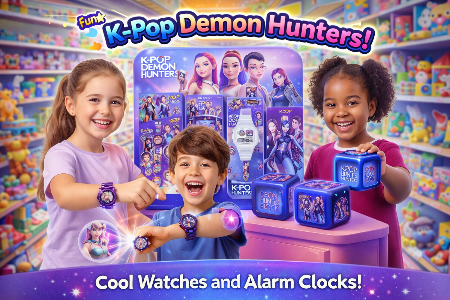Collection of Kpop watches including digital sports watches and analog styles featuring Rumi, Mira, and Zoey from K-Pop: Demon Hunters at Dobermen Premier.