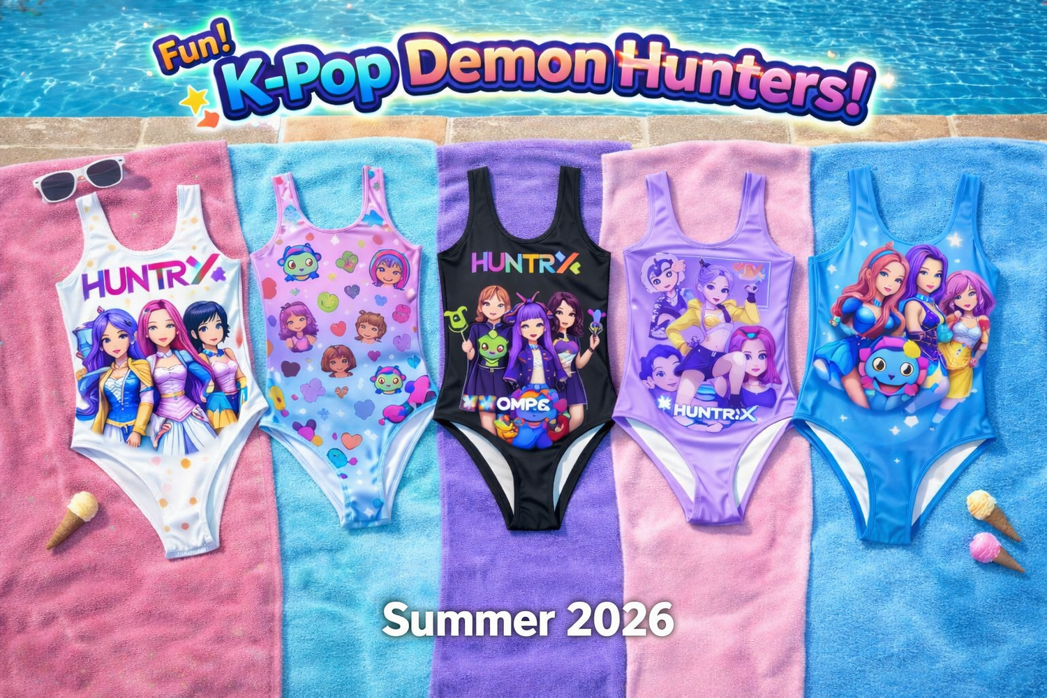 Variety of Kpop swimsuits including one-piece and bikini sets featuring Rumi, Mira, and Zoey from K-Pop: Demon Hunters at Dobermen Premier.