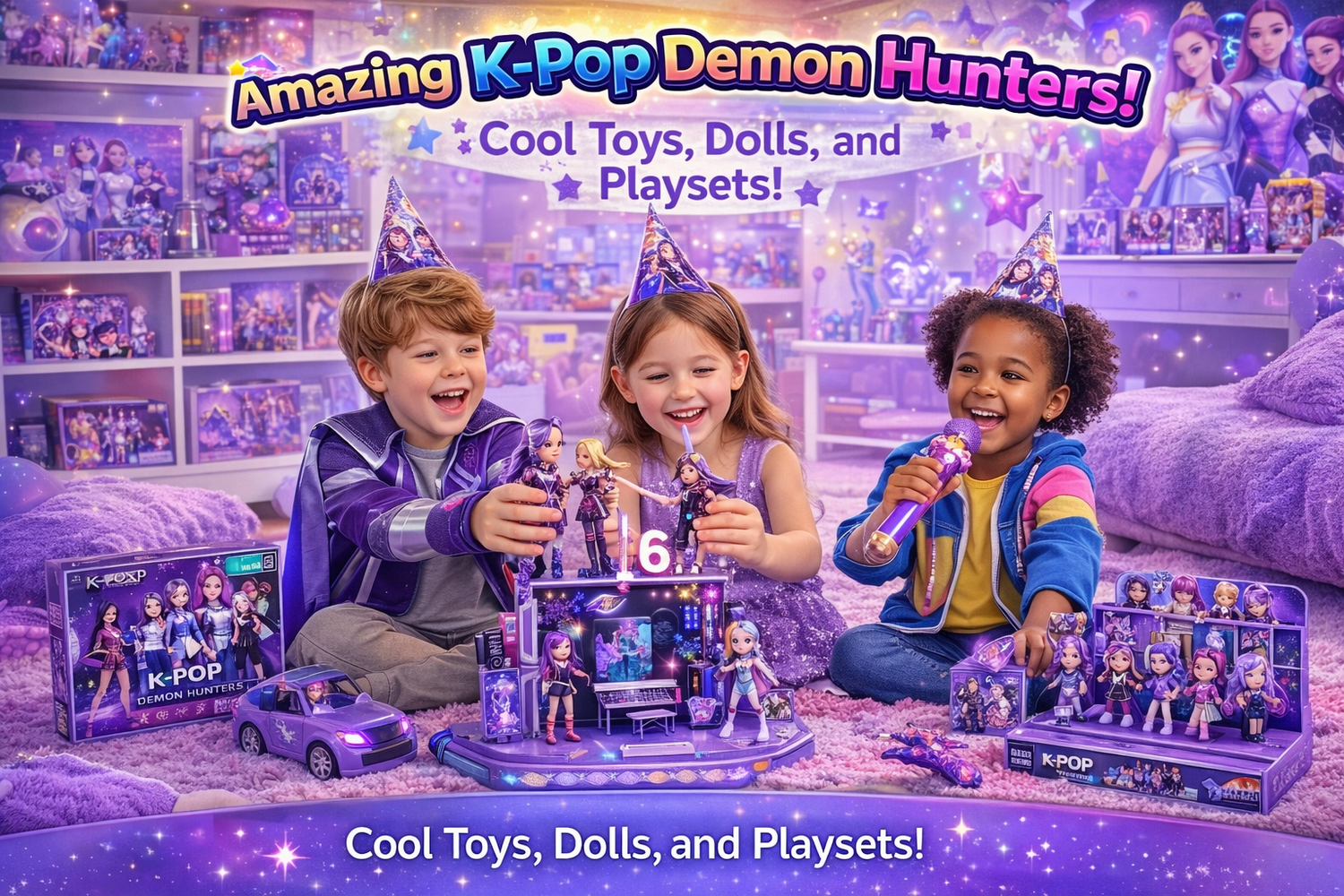 Collection of Kpop toys featuring Rumi, Mira, and Zoey action figures and plush dolls from K-Pop: Demon Hunters at Dobermen Premier.