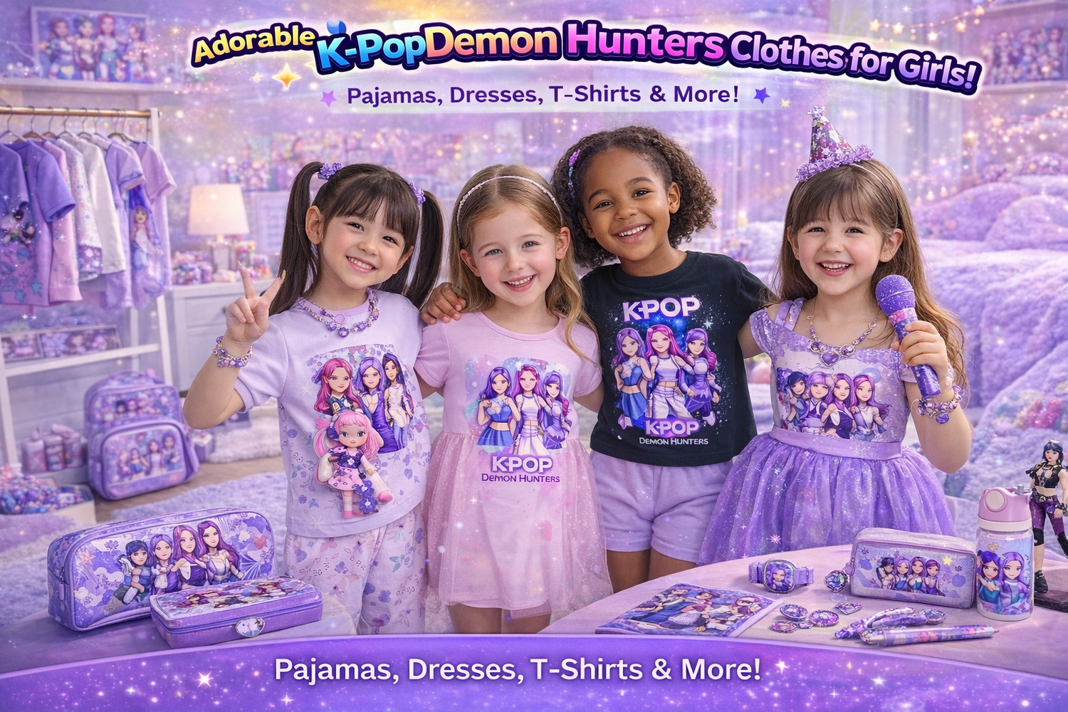 Variety of K-Pop: Demon Hunters products including graphic t-shirts, cosplay dresses, idol swimwear, and movie-themed bedding featuring Rumi, Mira, and Zoey at Dobermen Premier.