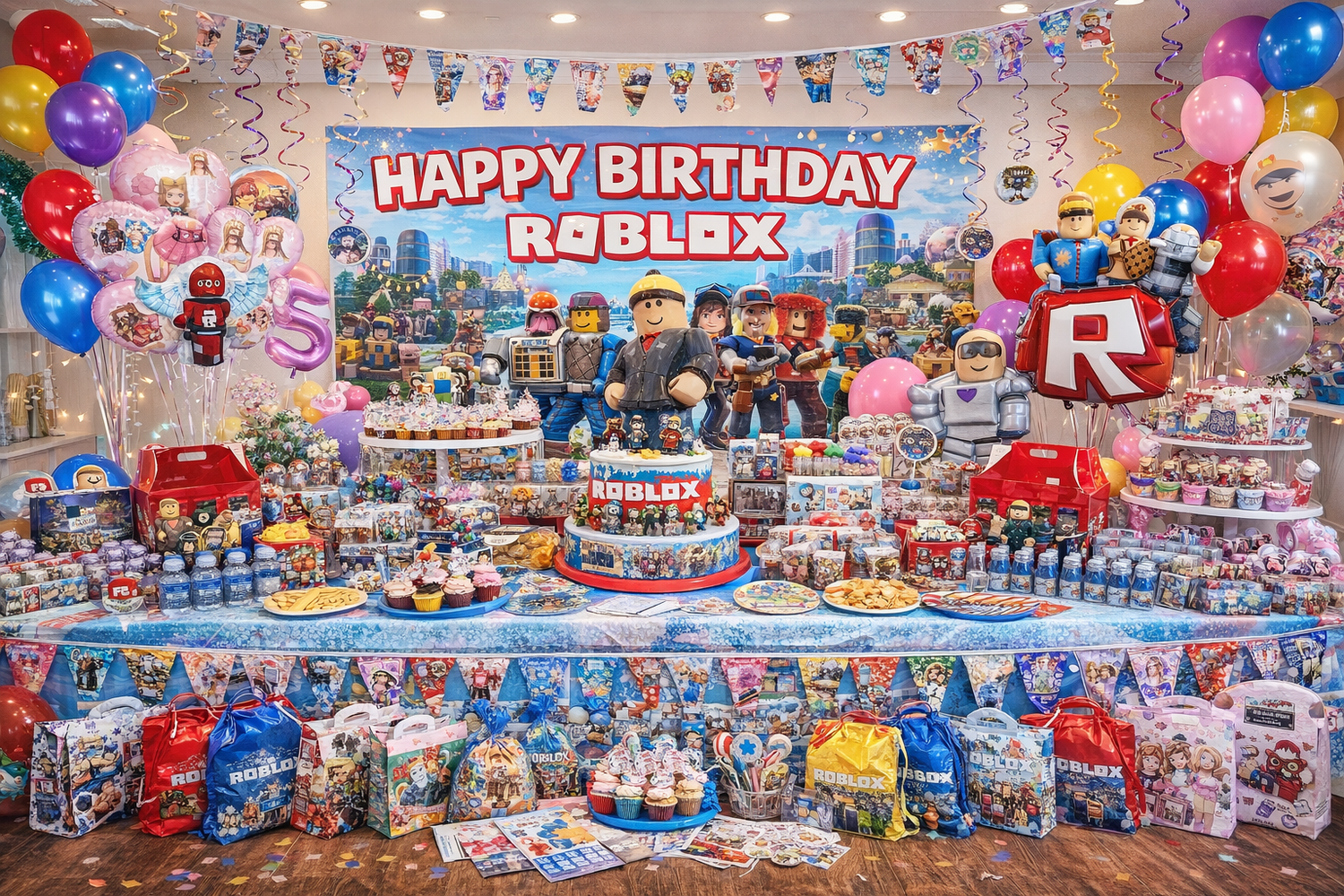 Comprehensive collection of Roblox themed birthday party supplies, including balloon sets, banners, and decorations at Dobermen Premier store.